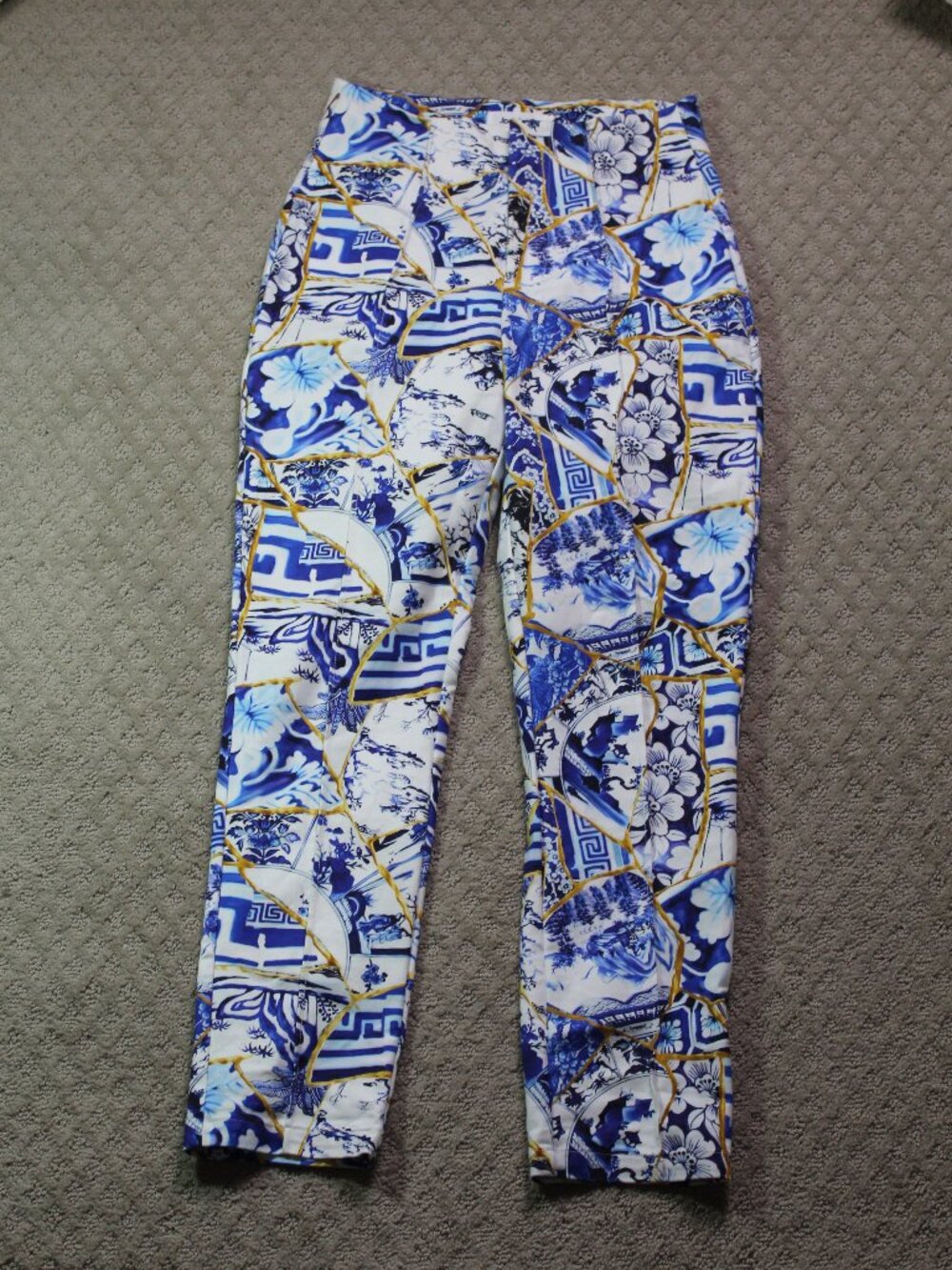 Desigual x Stella Jean Size M Blue Gold Patterned High Rise Slim Ankle Pants